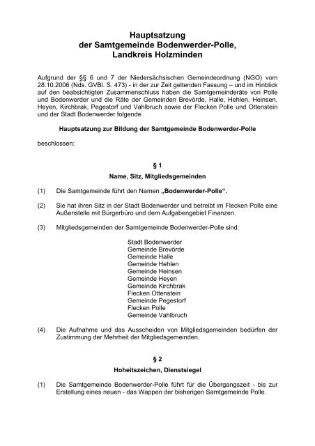 Hauptsatzung der Samtgemeinde Bodenwerder-Polle, Landkreis ...