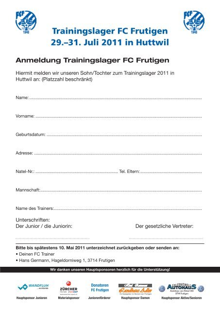 Anmeldung Trainingslager FC Frutigen