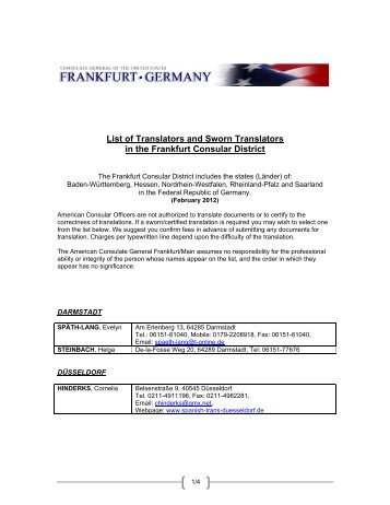 List of Doctors and Hospitals in the Frankfurt Consular District