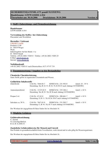 Sicherheitsdatenblatt F 007 Lötwasser A-014 - Spenglerwerkzeuge.ch