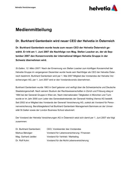 Dr. Burkhard Gantenbein wird neuer CEO der Helvetia in Österreich