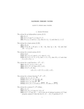 MATROID THEORY NOTES 1. Axiom Systems The axioms for an ...