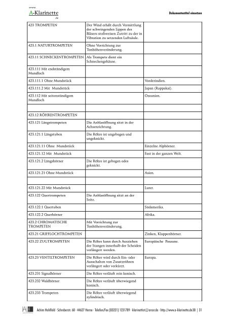 Systematik der Musikinstrumente Ein Versuch - A-Klarinette