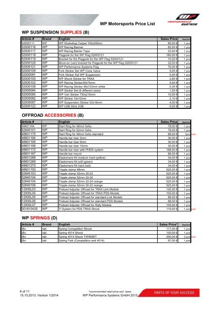 WP Performance Systems Motorsports Price List