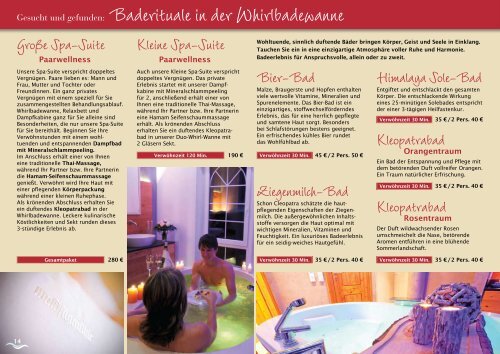 Preise und Arrangements, Kosmetikund Wellnessbehandlungen 2014