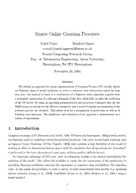 Sparse Online Gaussian Processes Lehel Csat Ro Manfred Opper e ...