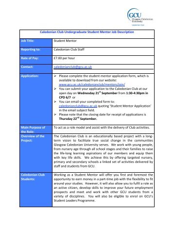 Caledonian Club Undergraduate Student Mentor Job Description ...