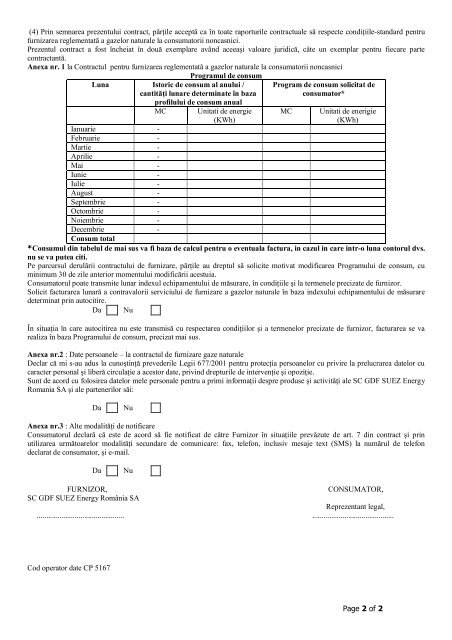 Contract furnizare gaze naturale persoane juridice (mass market)