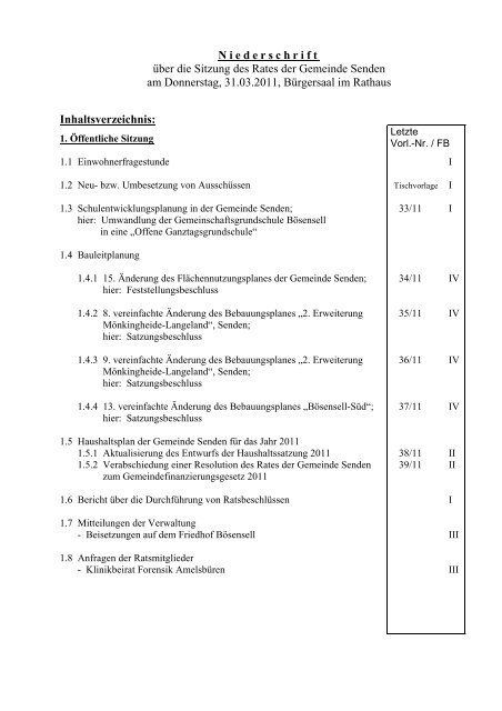 Niederschrift über die Sitzung des Rates der Gemeinde Senden am ...