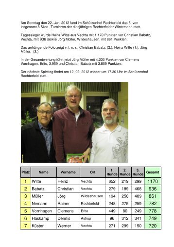 Preisskatturnier am 22.01.2012 - Schützenhof Rechterfeld