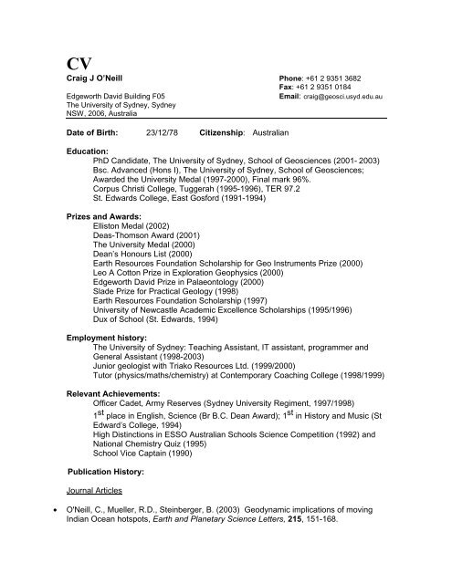 Craig O'Neill's CV - School of Geosciences - The University of Sydney