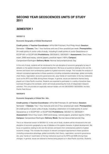 second year geosciences units of study 2011 - School of Geosciences