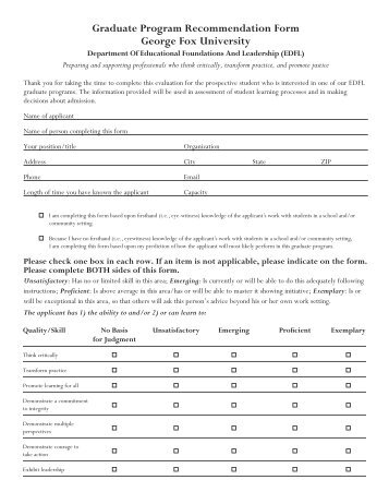 Graduate Program Recommendation Form George Fox University