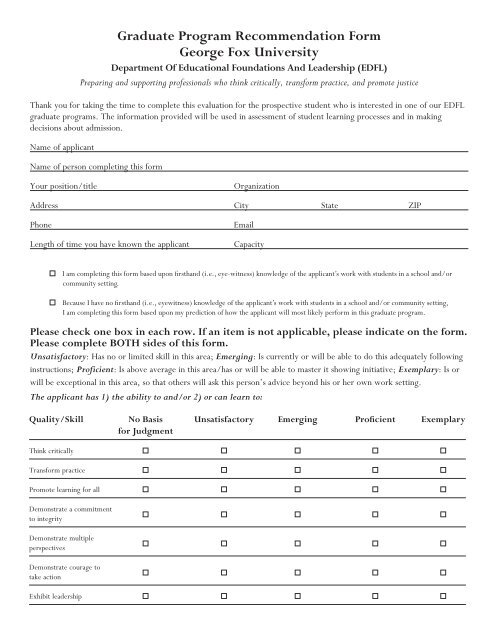 Graduate Program Recommendation Form George Fox University