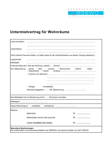 Untermietvertrag für Wohnräume - GESEWO