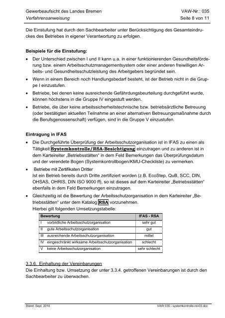 Systemkontrolle – Verfahrensanweisung - Gewerbeaufsicht Bremen