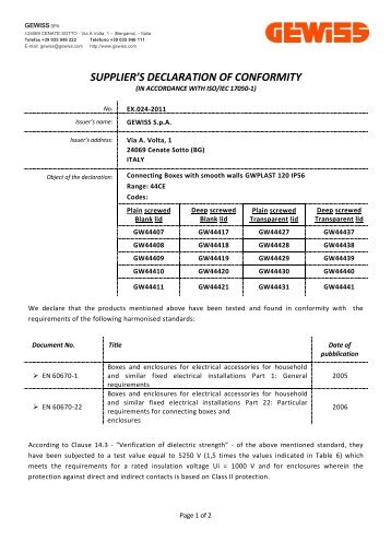 SUPPLIER'S DECLARATION OF CONFORMITY - Gewiss