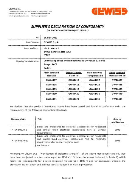 SUPPLIER'S DECLARATION OF CONFORMITY - Gewiss