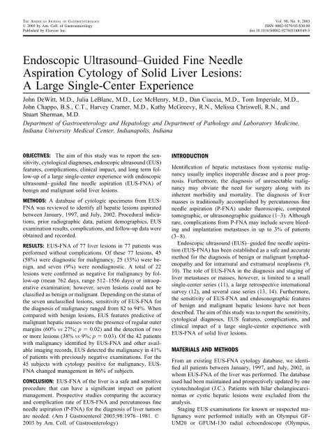 Endoscopic Ultrasound–Guided Fine Needle Aspiration Cytology of ...