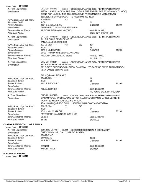 Building Permits Issued during Dates: 20130519 ... - Town of Gilbert