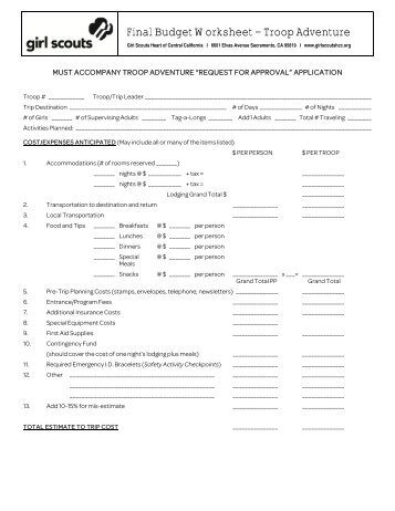 Final Budget Worksheet - Girl Scouts Heart Of Central California