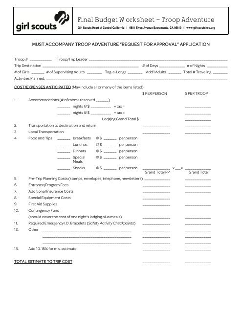 Final Budget Worksheet - Girl Scouts Heart Of Central California