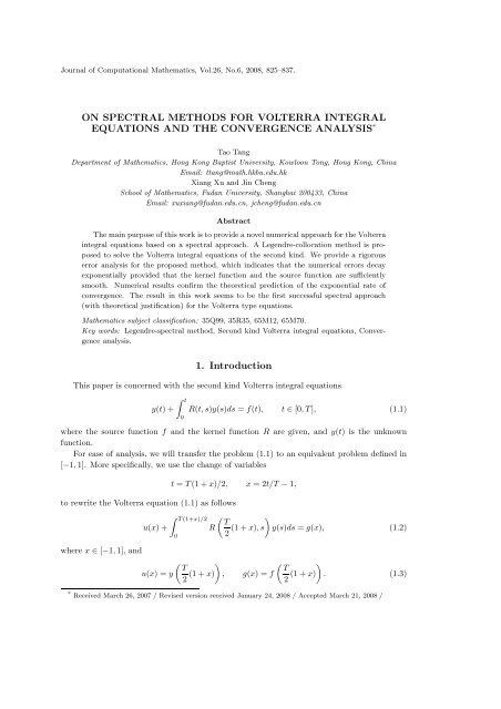 On Spectral Methods for Volterra Type Integral Equations and the ...