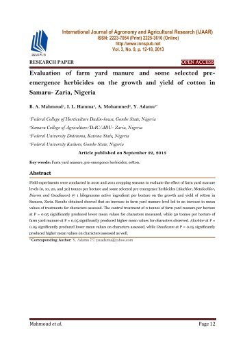 Evaluation  of  farm  yard  manure  and  some  selected  preemergence  herbicides  on  the  growth  and  yield  of  cotton  in  Samaru- Zaria, Nigeria