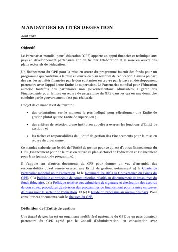 mandat des entités de gestion - Global Partnership for Education