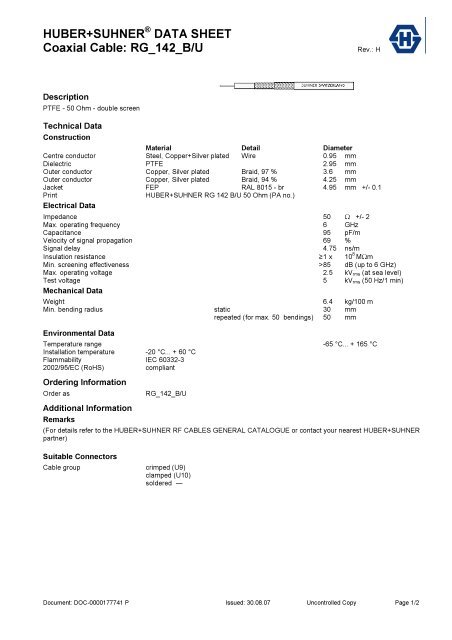 HUBER+SUHNER® DATA SHEET Coaxial Cable: RG_142_B/U