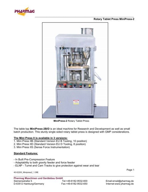 Rotary Tablet Press Minipress 2 The Table Top Globopharma
