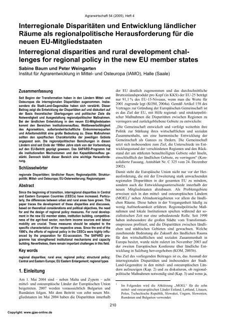 Interregionale Disparitäten und Entwicklung ländlicher Räume als ...