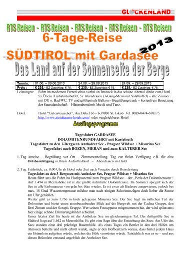 Sonderfahrt: 6 Tage Südtirol/Arntal RTS-REISEN Oberhausen