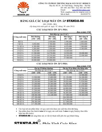 Bang gia On ap Standa