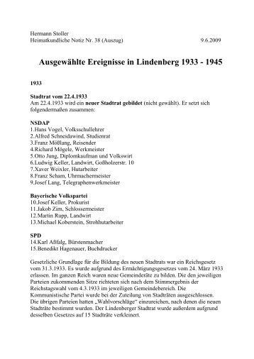 Ausgewählte Ereignisse in Lindenberg 1933 - 1945 - Gmv ...