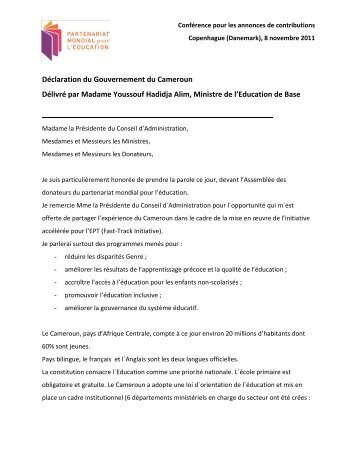 Déclaration du Gouvernement du Cameroun Délivré par Madame ...
