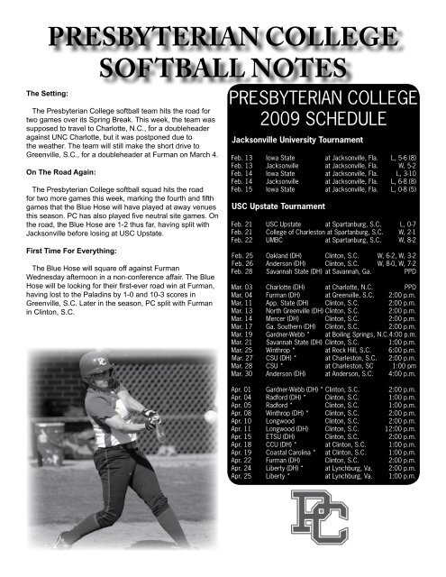 presbyterian college softball notes - Presbyterian College Athletics