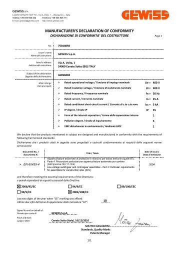 SUPPLIER'S DECLARATION OF CONFORMITY - Gewiss