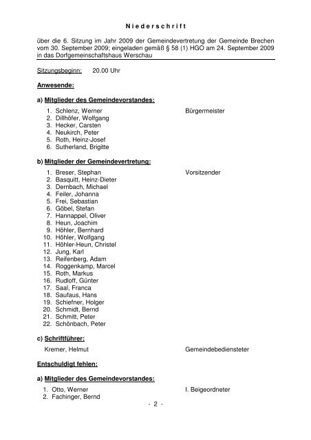 Protokoll der Gemeindevertretersitzung vom 30.09.2009