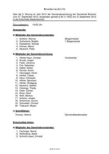 Protokoll der Gemeindevertretersitzung vom 27.09.2012