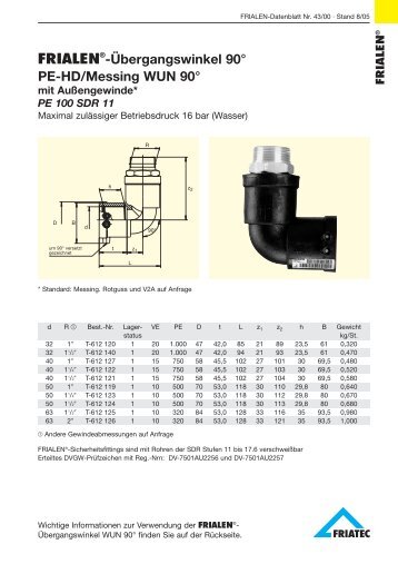 FRIALEN®-Übergangswinkel 90° PE-HD/Messing WUN 90°