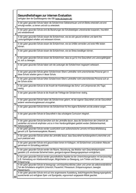 Gesundheitsfragen zur internen Evaluation - Gesundheit und Schule