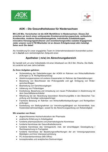 AOK – Die Gesundheitskasse für Niedersachsen Apotheker ( m/w ...