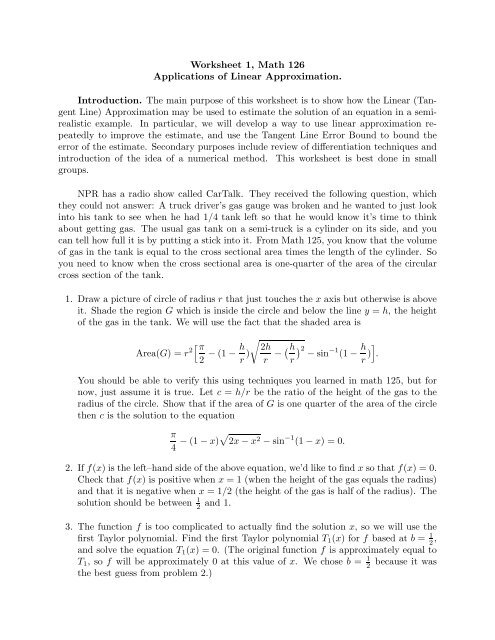 Worksheet 1, Math 126 Applications of Linear Approximation ...