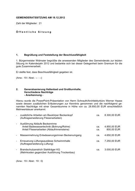 26. Gemeinderatssitzung am 18.12.2012 - Gochsheim