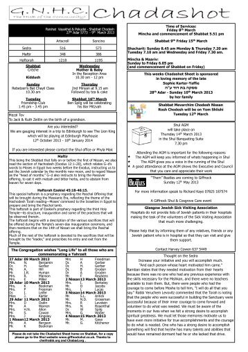 sedra Sheet Vayakhel-Pekudei 2013 - Giffnock and Newlands ...