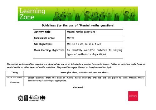 Mental maths questions - Gloucester Rugby Heritage