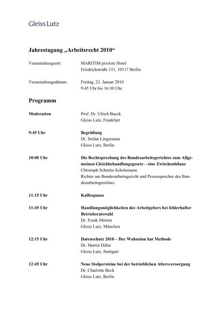 Jahrestagung „Arbeitsrecht 2010“ Programm - Gleiss Lutz