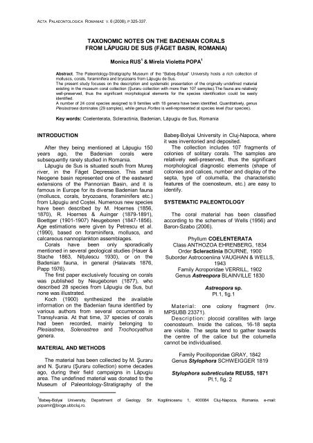 taxonomic notes on the badenian corals from lăpugiu de sus