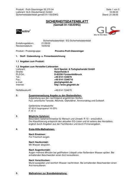 SICHERHEITSDATENBLATT - GLS Spezial